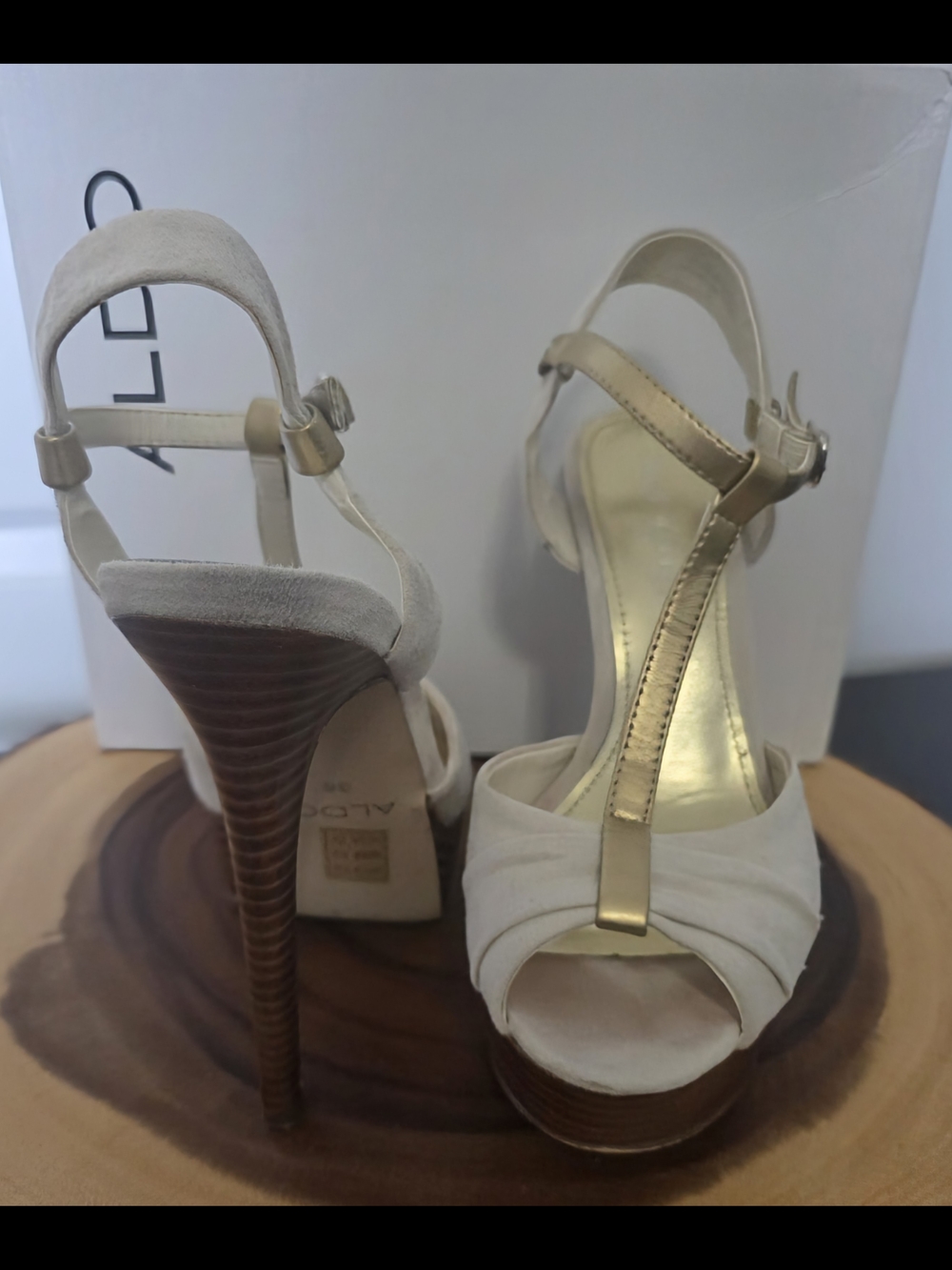 ALDO Gold and Cream T-Strap Peep-Toe Heels - Picture 2 of 9